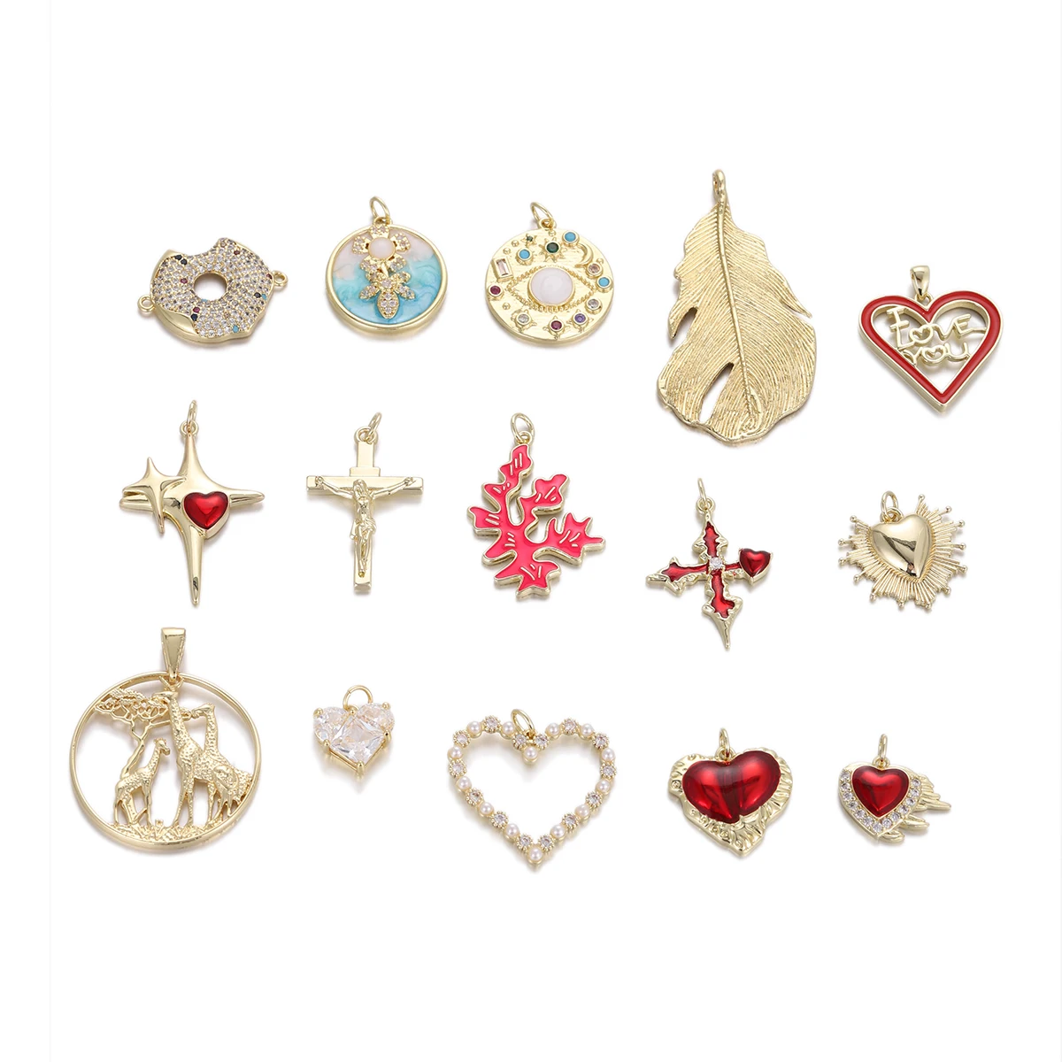 New Gold Color Leaves Zircon Heart Shape Evil Eye Charm for Jewelry Making Supplies DIY Earrings Necklaces Accessories