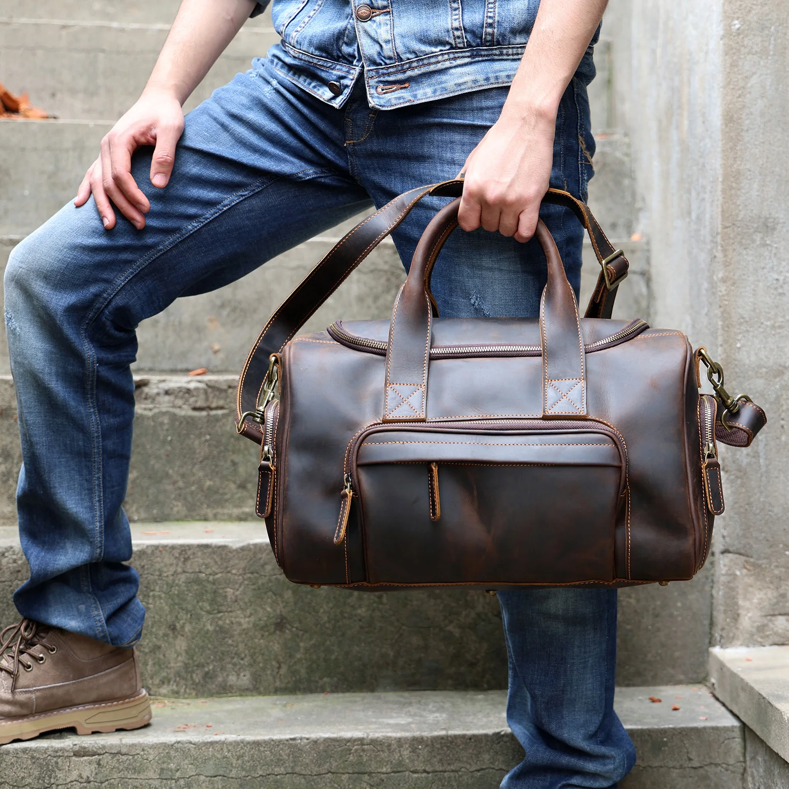 S.WORKER Vintage Echtleder-Reisetasche Crazy Horse Rindsleder-Reisetasche Herren-Weekender-Tasche Sporttasche Handgepäck – Detail 6