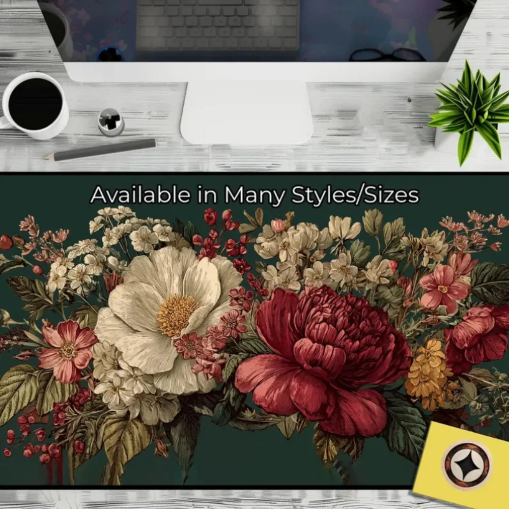 Tapis de bureau Victoria Plant Mat - Vert foncé, style vintage, bouquet champêtre, accessoires pour PC, tapis de souris