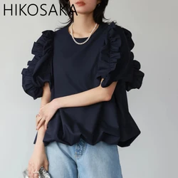 Japan Style Chic Sweet Ruffles Pacthwork Short Sleeve Top O-neck Solid Loose Blouse Shirts 2024 Spring Summer Fresh Blusa Mujer