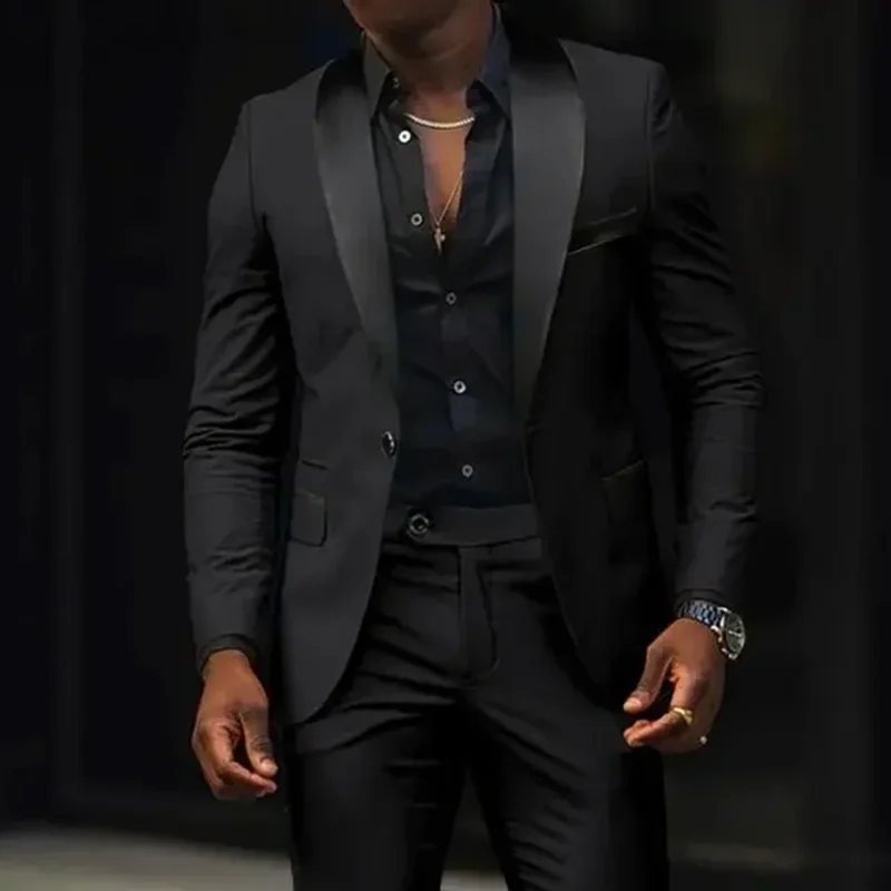 2Piece Solid Casual black Men Wedding Suits Slim Fit Shawl Lapel grey Blazer Pant Designs Party Prom Best Man Business Wear Suit