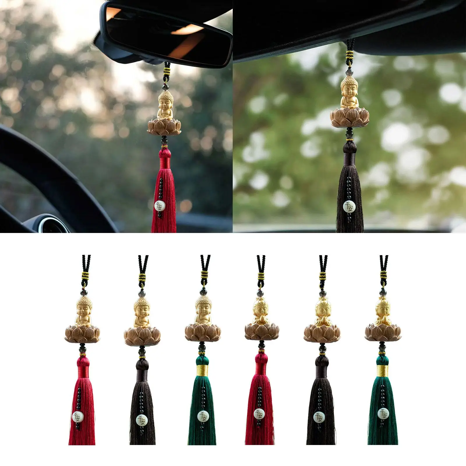 Buddha Statue Wall Hanger Blessings Wood Sculpture Lucky Decorative Car Rear View Mirror Pendant for Door Window House Wall