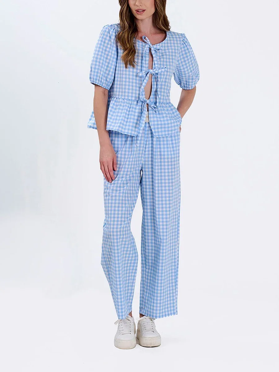 Casual Gingham Print Pantsuits Tied Front Puff Sleeve Peplum Top & Loose Pants Outfits Women\'s Lounge Clothing