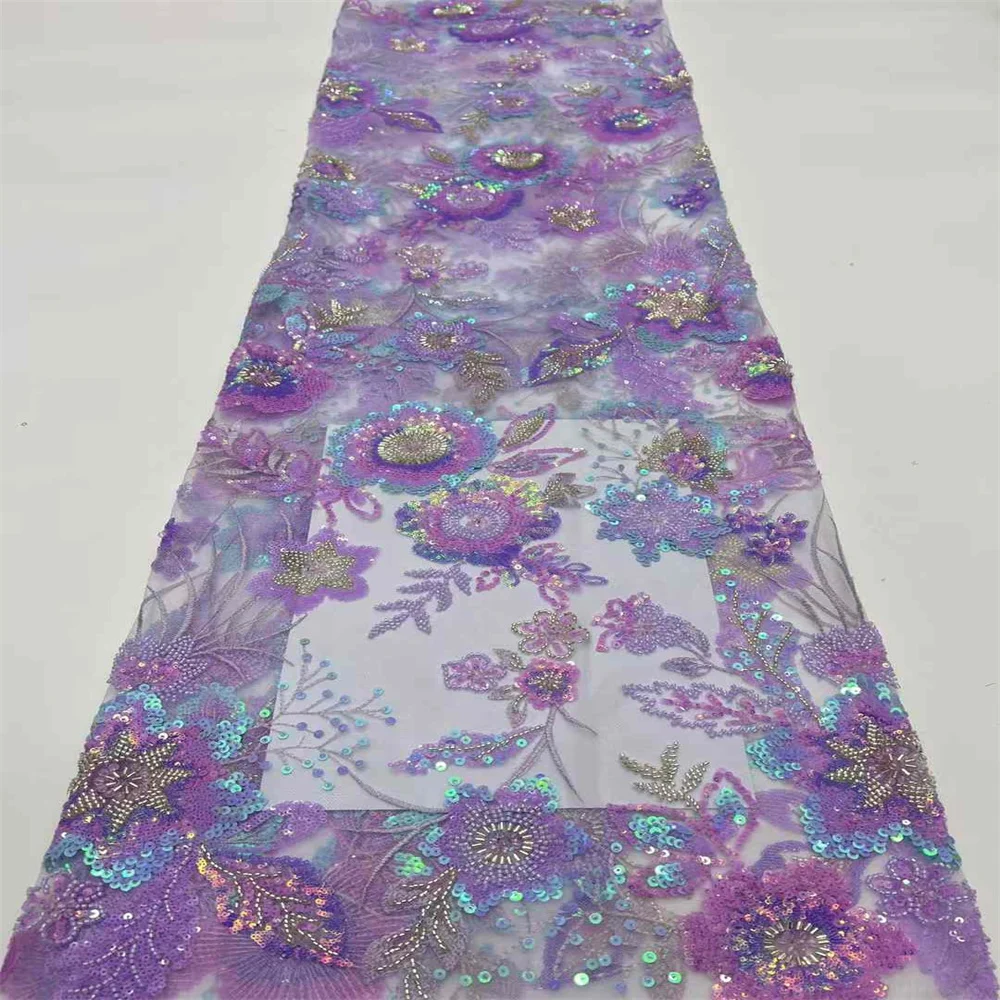 New African Lace Fabric French Nigerian 2025 New Lace With Beads Sequins Mesh for Embroidery Wedding Party Bride Sewing Dress