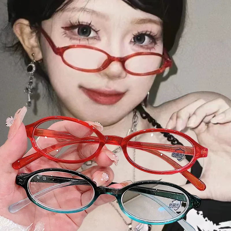 Y2K Women Retro Oval Square Glasses Red Green Frame Glass Eyewear Decorative Computer Anti-blue Eyeglasses with Seaside Driving