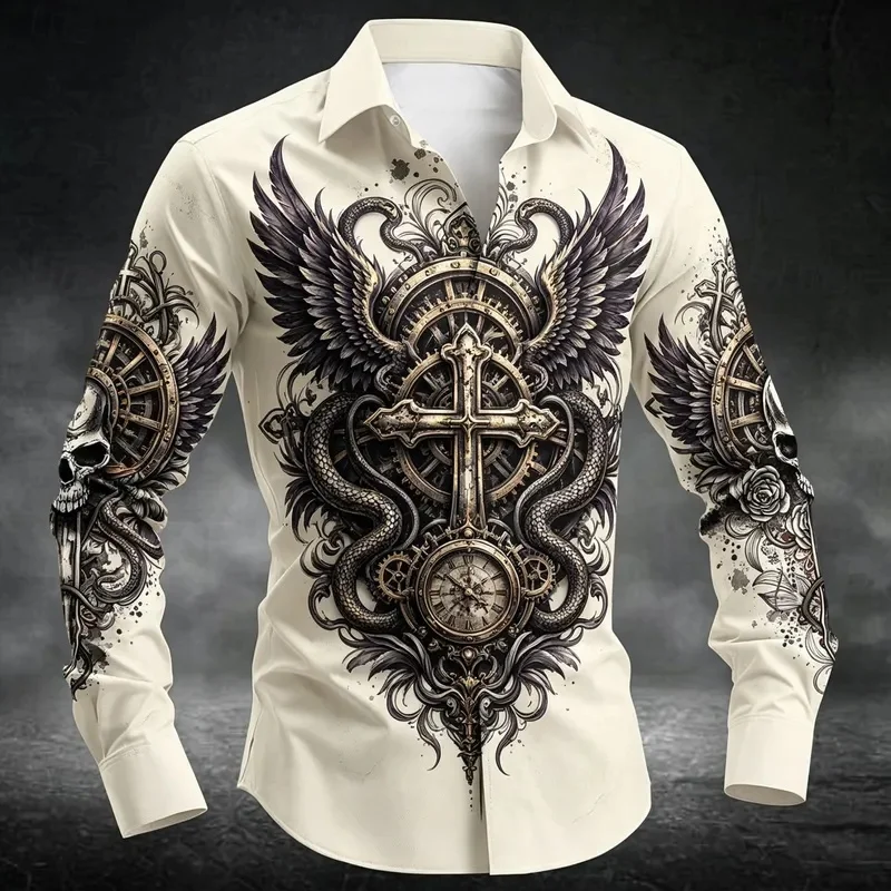 Men's Skull Anchor Compass Nautical Print Long Sleeve Shirt Lapel Button Down Tops For Party Street Daily Wear