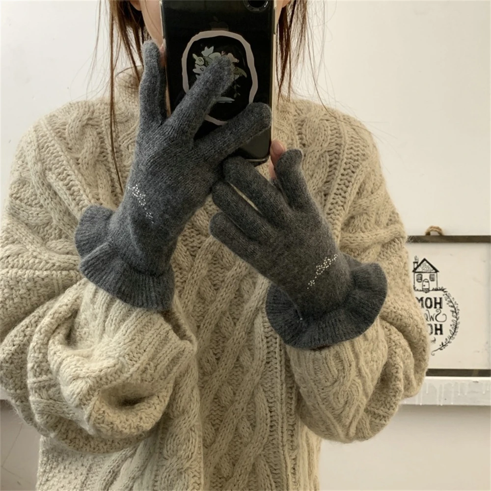 Women's Solid Color Knitted Woolen Gloves Warm Open-Fingered Touch Screen Mitten Ladies' Outdoor Sequin Clothing Accessories