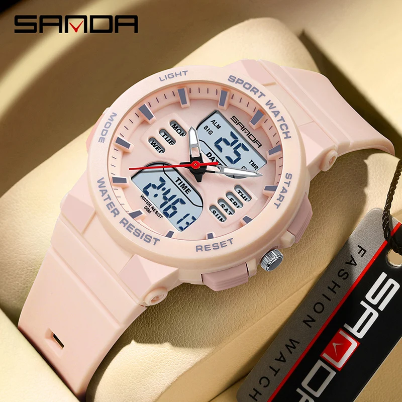SANDA Fashion LED Luminous Digital Sport Ladies Watch Quartz Dual Display Military Waterproof Luxury Watch Ladies Casual Watches