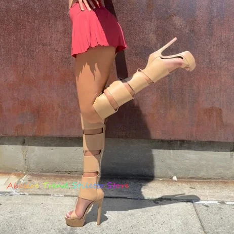 

Nude Leather Plaid High Heel Sandals Women Open Toe Platform Hollow Out Stiletto Heel T-Strap Back Zipper Summer Knee High Boot