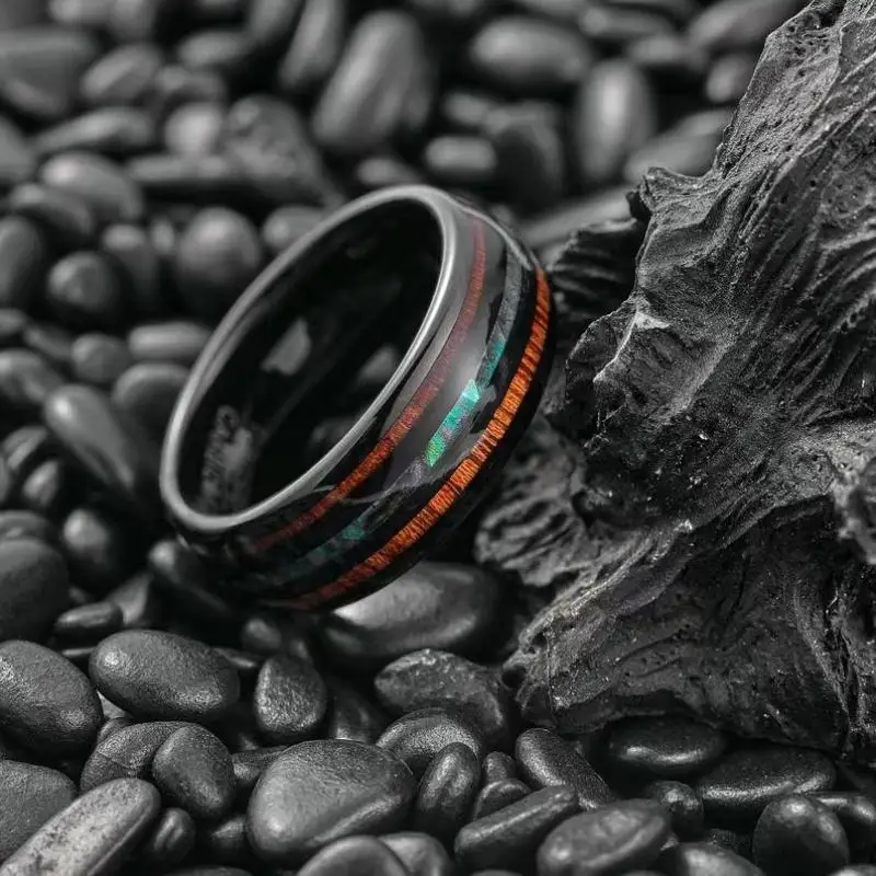 8Mm Wooden Ring, Men's Wedding Ring, Valentine's Day Gift Abalone Shell Inlaid Tungsten Ring, Men's and Women's Wooden Rings