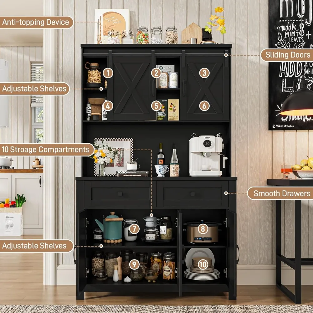67.7 Inch Farmhouse Pantry Storage Cabinet with Sliding Barn Doors, 2 Drawer Farmhouse Coffee Cabinet with Adjustable Shelf, Sid