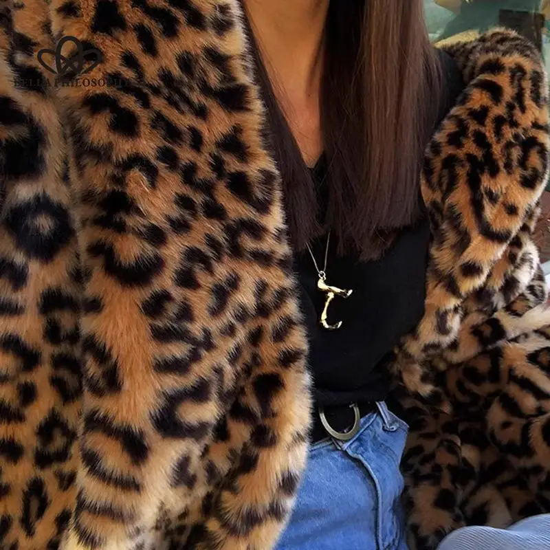 Fashionable All-match Lapel Leopard Print Faux Fur Coat Mid-length Coat Women\'s Long Sleeve