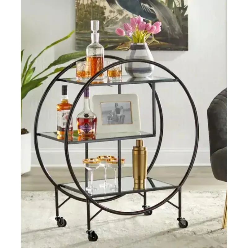 Modern Luxury Gold Metal Round frame triple glazed shelf with four wheels Movable bar cart hotel furnitures cart