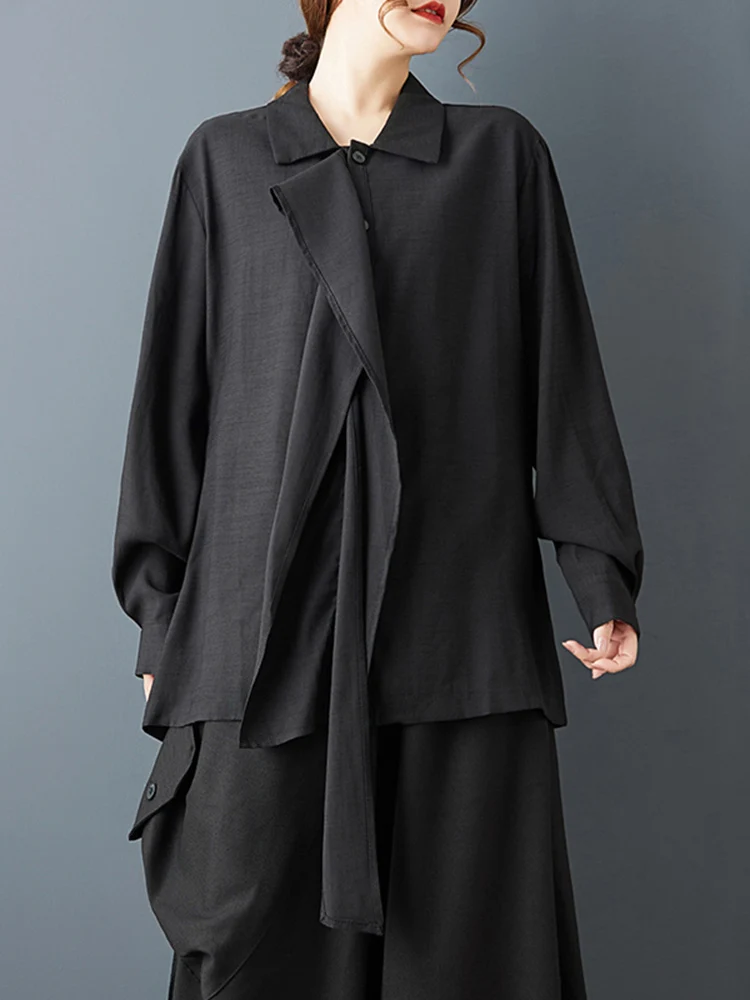 2026 ربيع الخريف جديد أسود خمر المرقعة الشريط المتضخم قميص المرأة طويلة الأكمام فضفاضة بلوزة غير رسمية قمة ملابس عصرية