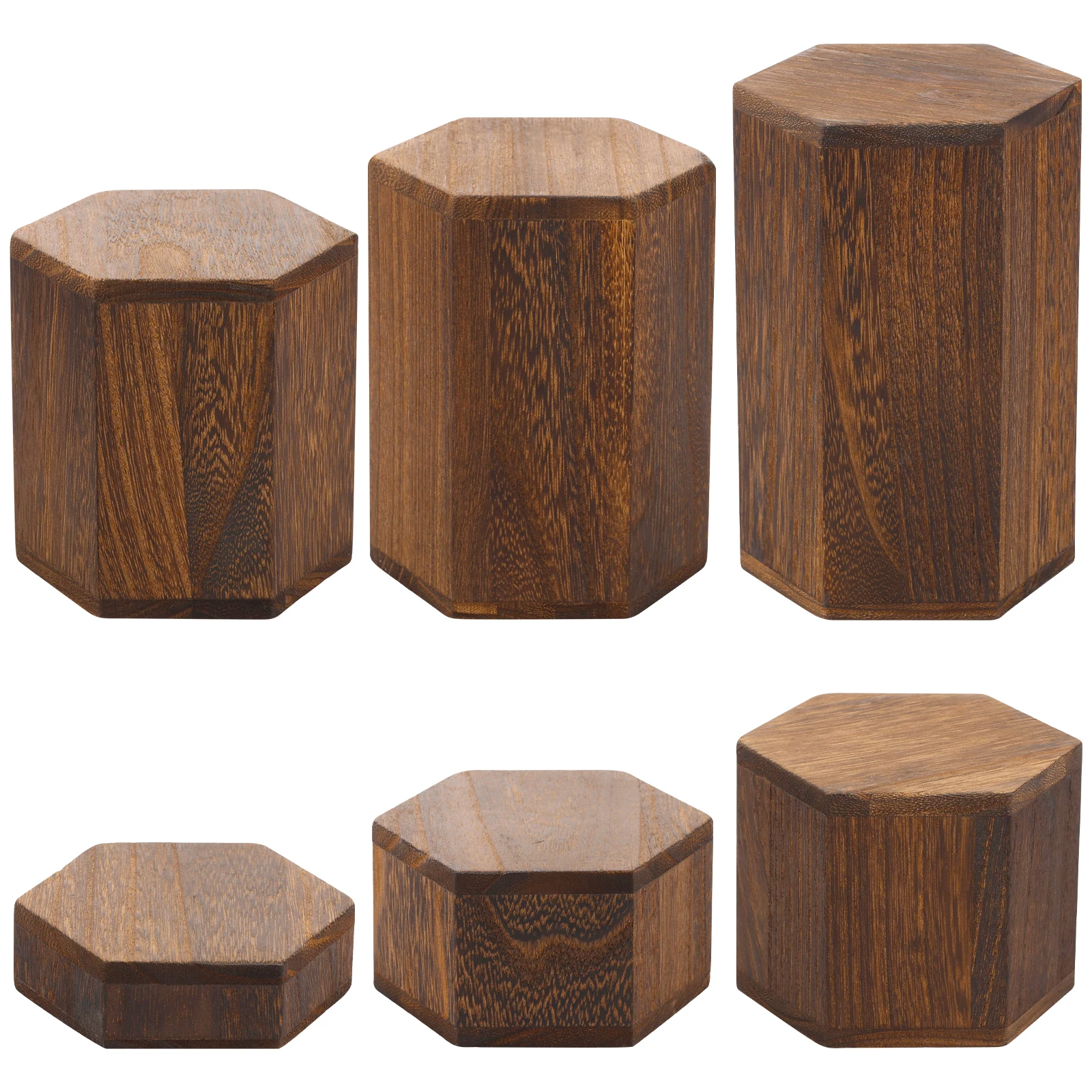 Holz-Sechseck-Displayständer, 6-teilig, geeignet zur Präsentation von Schmuck und Accessoires, braunes Würfel-Aufbewahrungsregal, Geschenkaufbewahrung