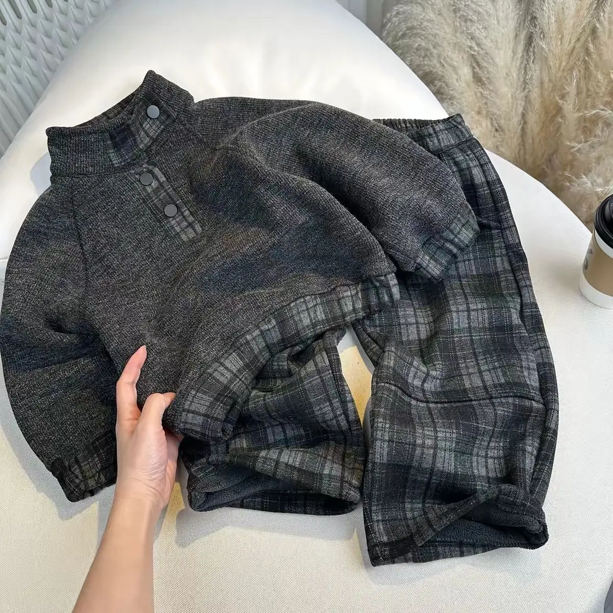 Boys' Set Autumn/Winter New Children's Thick Velvet Long Sleeve Hoodie+Pants Warm Two Piece Set