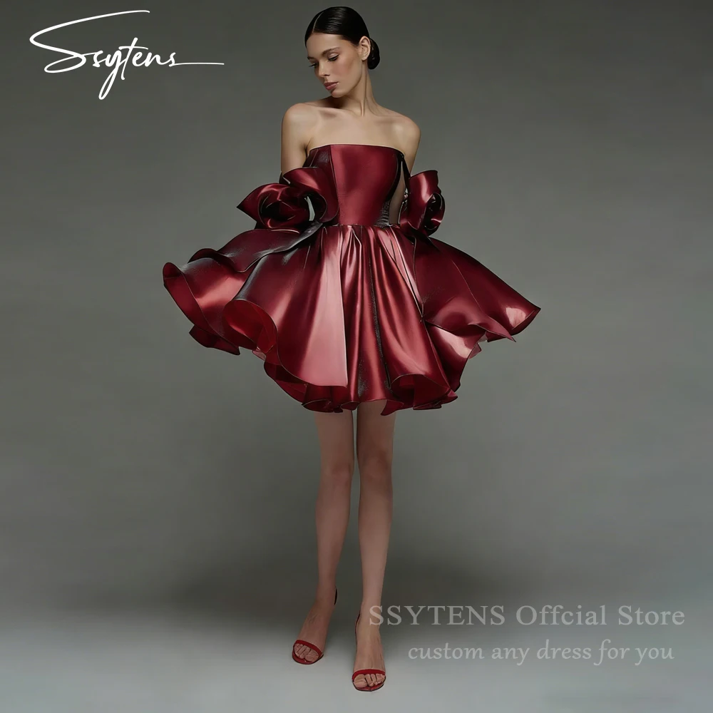 SSYTENS Mini Burgundy Prom Dress Off Shoulder Square Neck Homecoming Dresses Satin Girly A Line 15 Quinceanera Dresses Customize