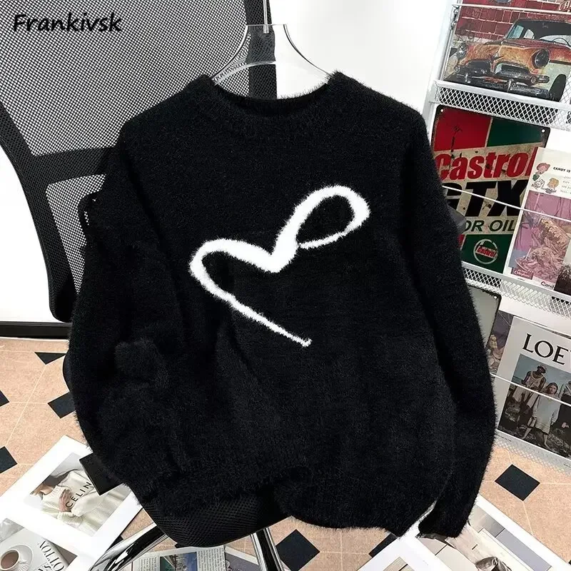 Black Winter Thick Sweaters Women Casual Fluffy Heart Design Sweet Students Warm Pullover Ulzzang College Versatile Sueter Mujer