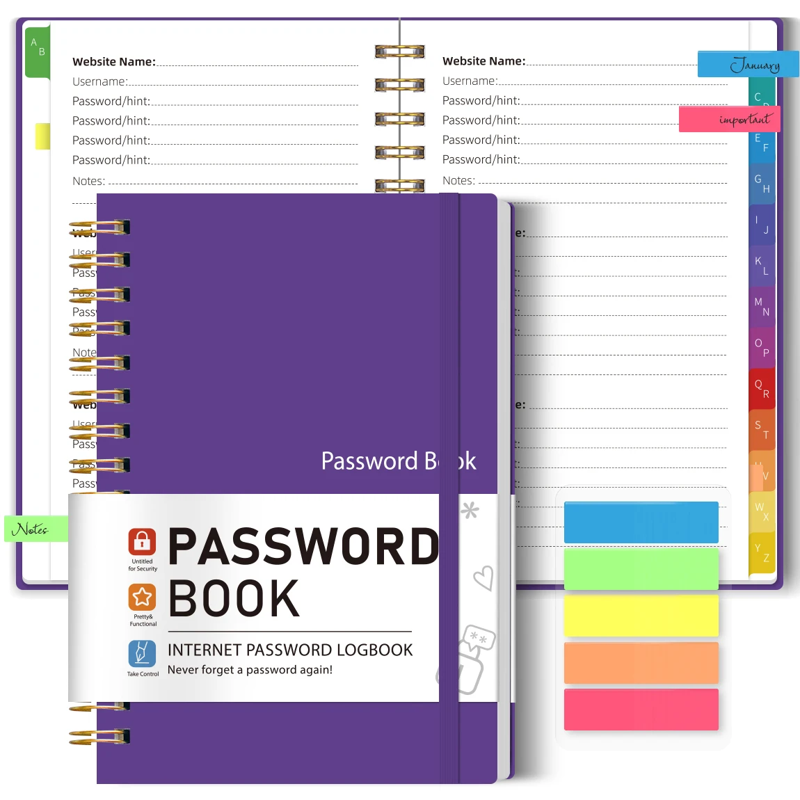 1PC A5 Purple Password Book with Alphabetical Tabs, Spiral Internet Password Logbook, Account Organizer with Elastic Band