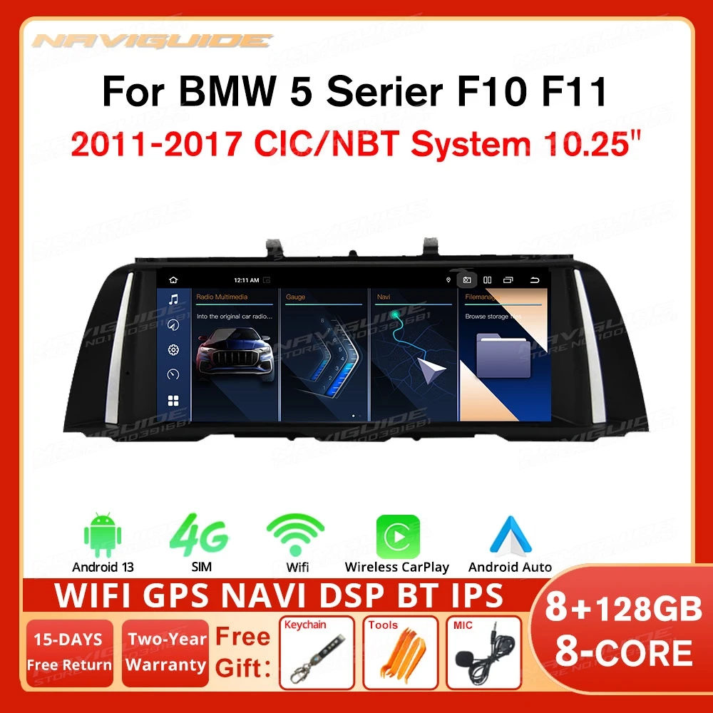 

NAVIGUIDE 10,25 дюймов 8G + 128G Автомобильная GPS-навигация Android 13 для BMW 5 серии F10 F11 2011-2016 CIC система NBT мультимедийный плеер