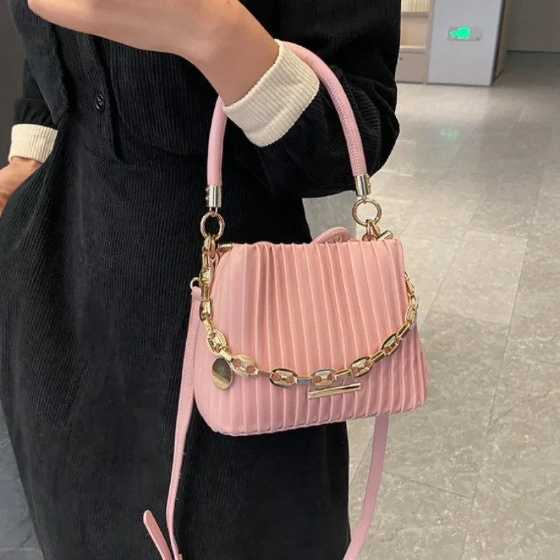 

Fashion Pink PU Bucket Bag Handheld Crossbody Lady New Women's Chain Niche Shoulder Drawstring Bucket Bags
