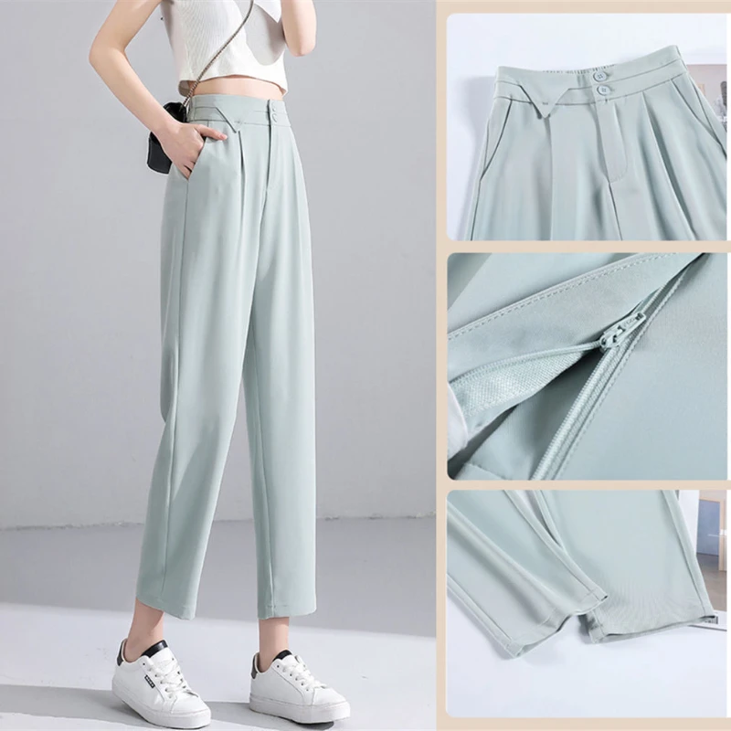 

Woman Spring Summer High Quality Ice Silk Suit Pants Lady Fashion High Slim Fit Solid Color Business Suit Trousers Nine Pants