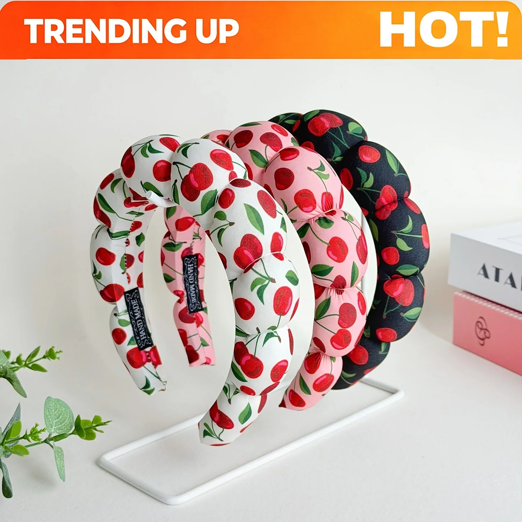 Customization 3pcs Set Of Simple And Sweet Cherry Print Padded Cloud Headbands For Women, High Crown Forehead Bang Taming