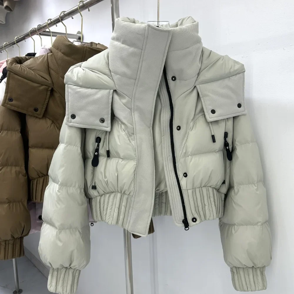 Light Down Jacket Black White Warm Short White Down Coat Thick Women Long Sleeve Feather Hooded Outfit Waist Puffer Jacket Lady