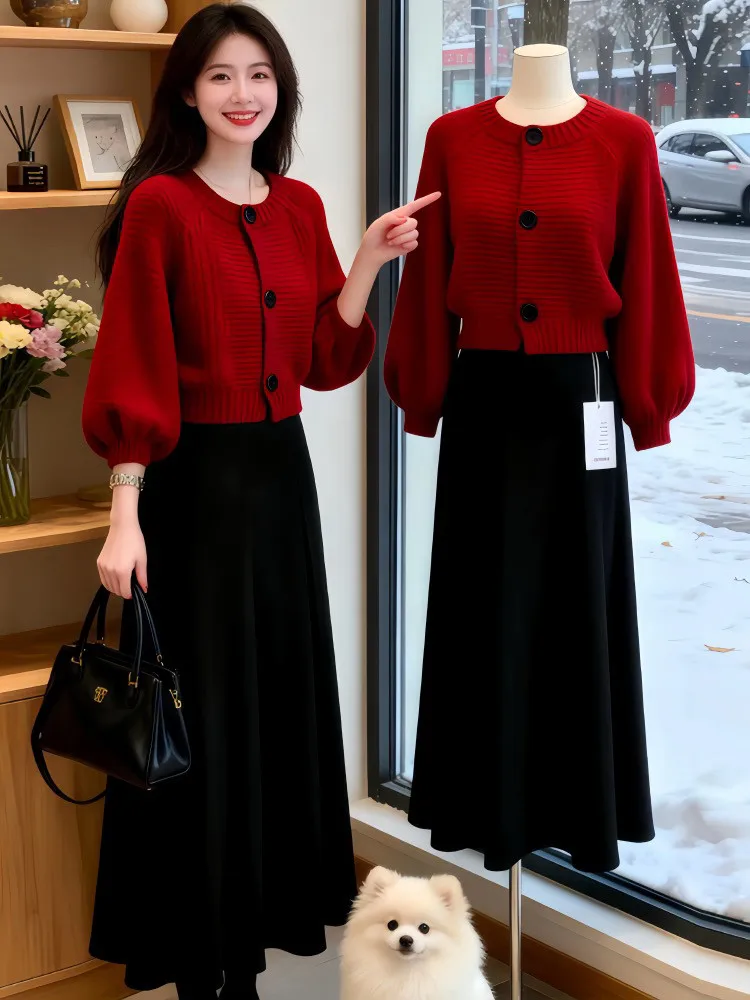 

Красный вязаный свободный длинный свитер свека, женская осенне-зимняя верхняя одежда Faion, утягивающий кардиган, пальто для новогоднего праздника