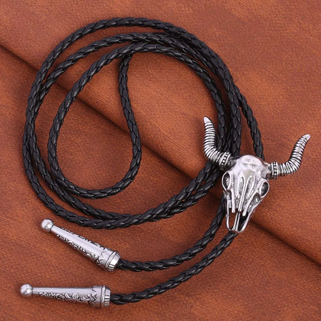 

Bolo tie New Retro Shirt Chain Bicolor Bison Bone Poirot tie Rope Leather Necklace Long Necktie Pendant