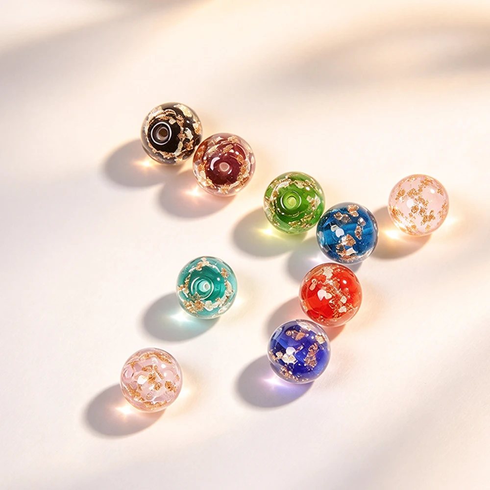12PCS 8/10/12MM Luminous Gold Sands Glass Beads Perforated Loose Beads Spaced Beads DIY Jewelry Making Bracelet Beads