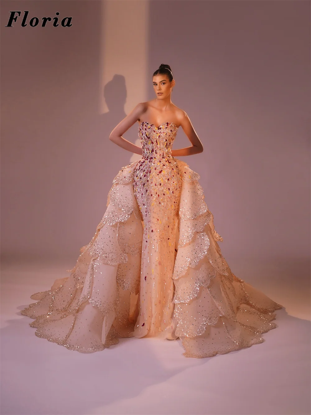 Vintage Champagne Full Beaded Evening Dresses With Detachable Skirt Customized Strapless Crystals Cocktail Prom Dress Party Gown