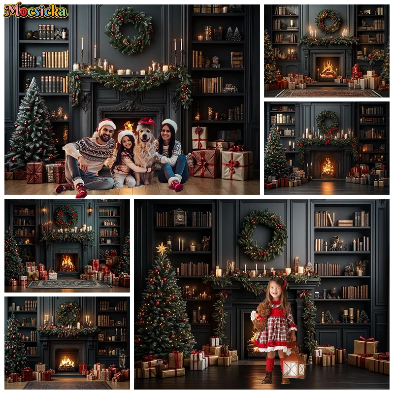 

Christmas Fireplace Background For Photography Christmas Tree Candle Gift Bookshelf Children Backdrop Room Decoration Photobooth