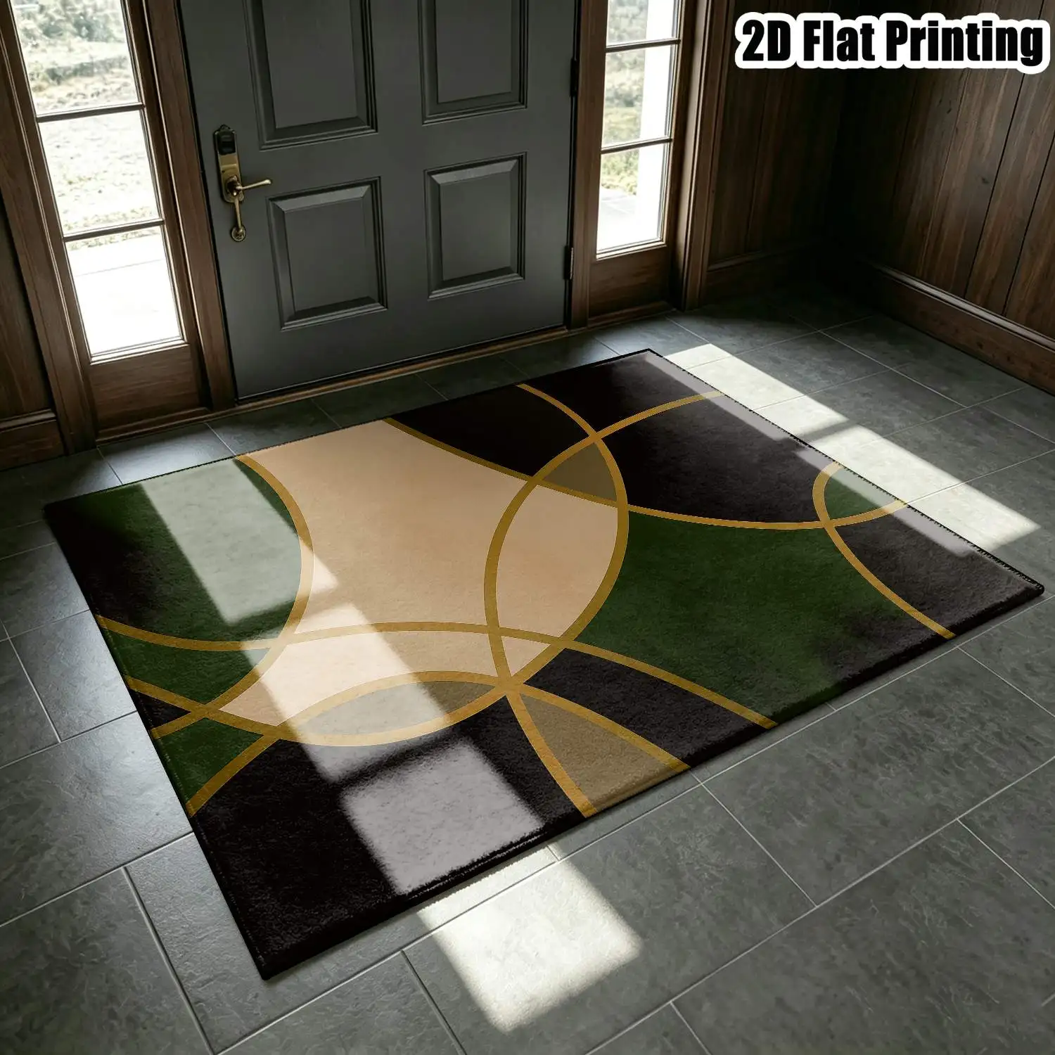 1Pc 2D Printed Nordic/Instagram-Style Abstract Geometric Black-Green-Beige Carpet, Modern Minimalist Vintage European Style, Machine Washable, Multi-Size, Suitable for Home Decor: Entryway, Dining Room, Foyer, Living Room, Bedroom, Study Floor Mat