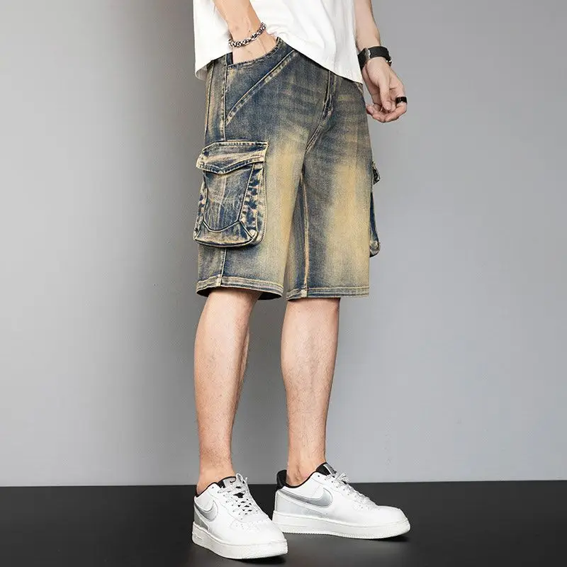 

Men's Vintage Washed Yellow Denim Cargo Shorts Big Tall Plus Size Loose Fit Multi Pocket Workwear Bermuda Shorts Summer Casual