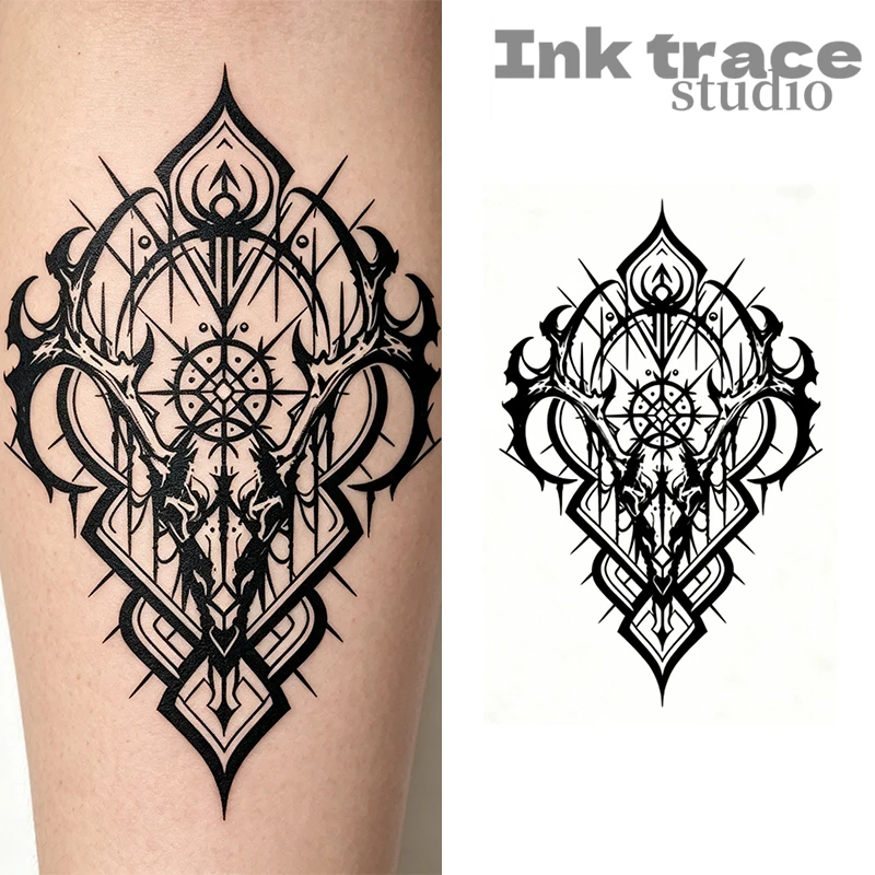 Black Tribal Deer Skull Antler Temporary Tattoo Sticker Gothic Compass Totem Waterproof Fake Body Art Tattoo For Adults