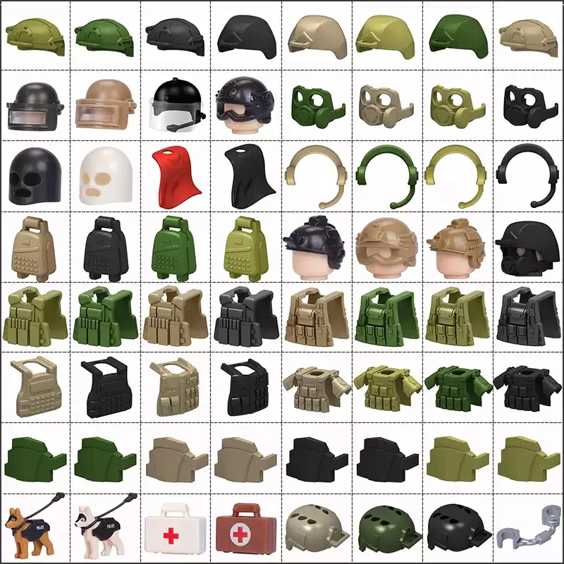 Blocs de construction d'équipement militaire MOC, soldat SWAT, casque des forces spéciales, genouillère, sac à dos, accessoires de figurines, jouets, cadeaux H18