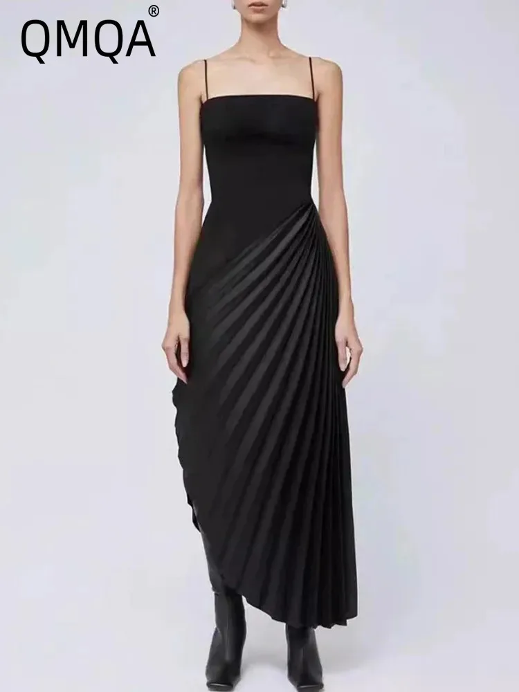 

QMQA Fashion Women's Elegant Hem Irregular Dress Slant Neck Asymmetric Solid Color Ankle Long Dress 2025 New Clothing 1A368
