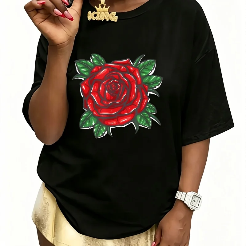 Beautiful Red Rose Women's 100% Cotton T-Shirt Short Sleeve Top Casual Round Neck Fun Print Tee S-5Xl