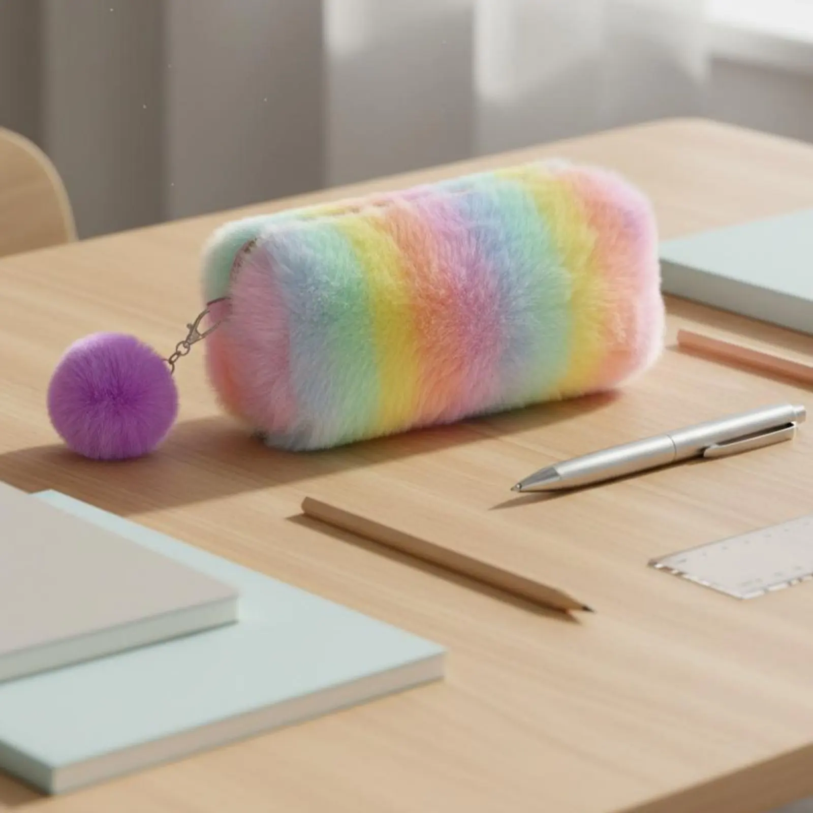 

Rainbow Furry Writing Instrument Case Large Capacity Colorful Soft Stationery