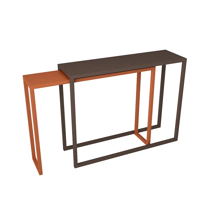 Entrance table against the wall, strip-shaped entrance hall, strip case display, end view, entrance desk, narrow side s