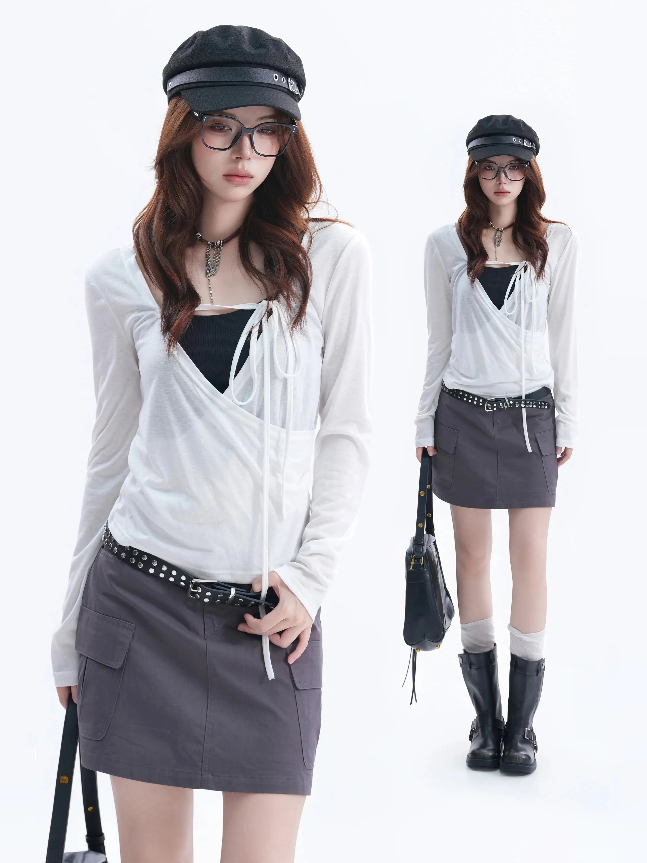 Pure Desire Style Long Sleeve V-Neck Cross T-Shirt Sexy Early Autumn Tight Fit Semi-Transparent Korean Style Casual Top