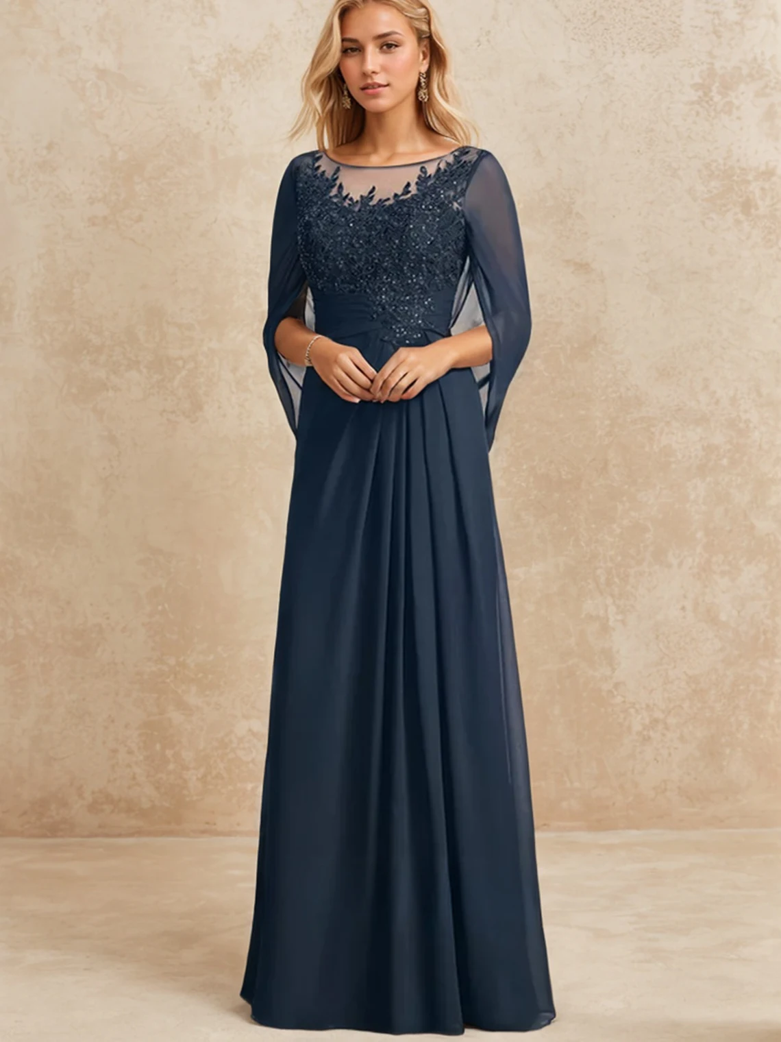 Элегантное полуплатье для матери невесты с круглым вырезом, длиной до пола, шифоновое вечернее платье с аппликацией и бисером, 2025 г., бесплатно по индивидуальному заказу