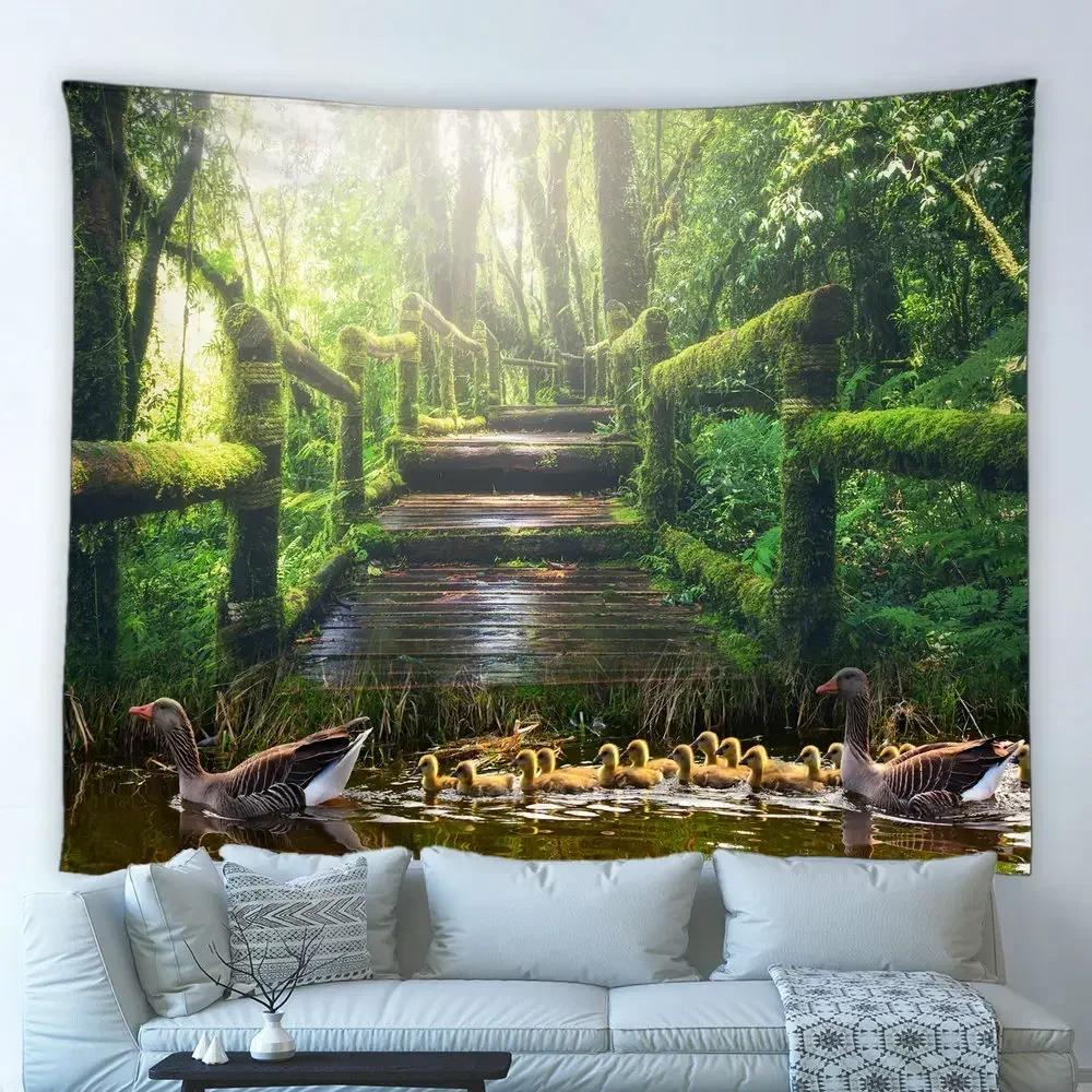 Natural Scenery Big Tapestry Park Garden Forest Green Plant Wooden Bridge Trail Spring Hippie Wall Hanging Bedroom Home Decor