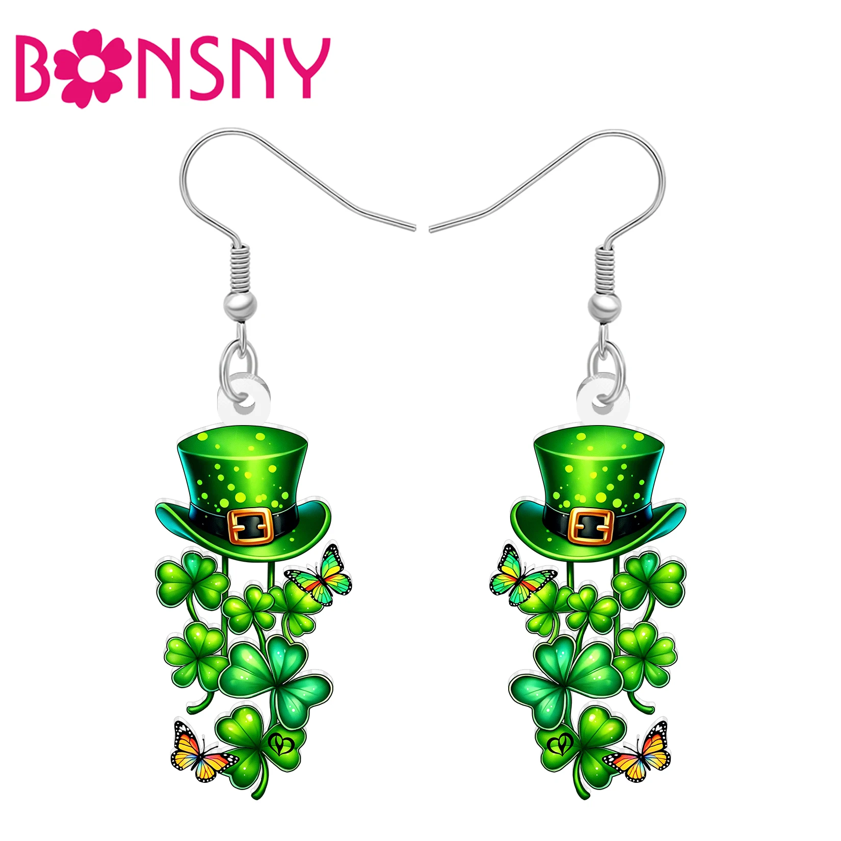 BONSNY Acrylic St Patrick Day Green Shamrock Earrings Lucky Clover Hat Spring Holiday Jewelry Irish Good Luck Gifts For Women