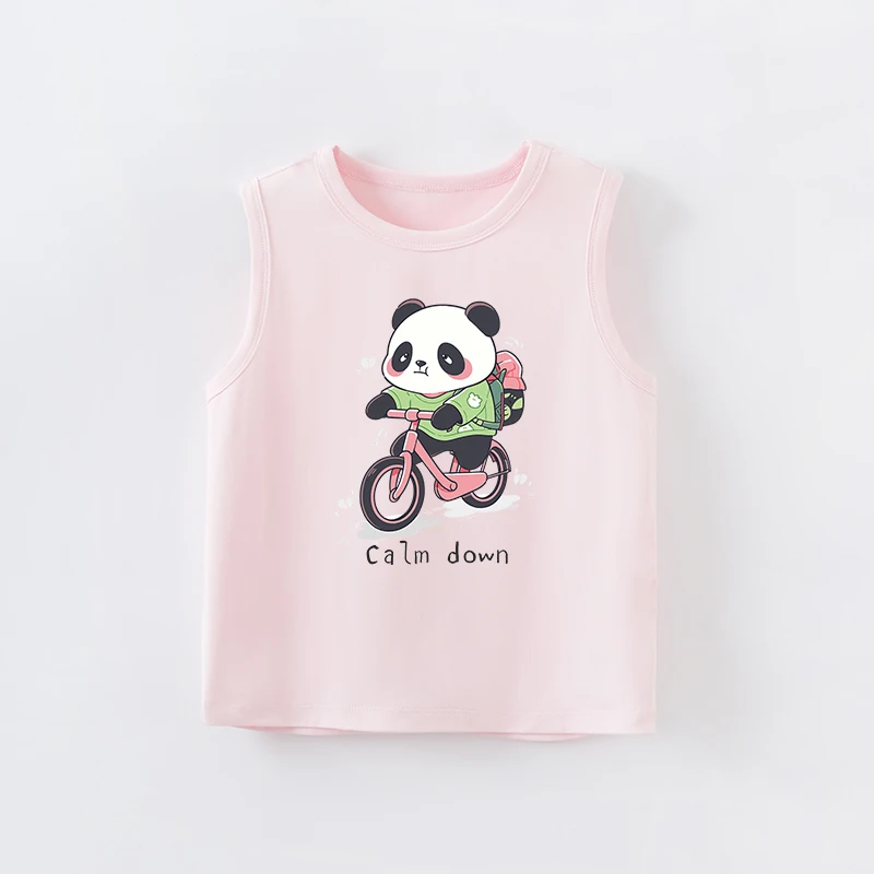 

Summer Sleeveless Boys And Girls Cartoon Panda Comfortable Round Neck Baby Pink T-Shirt Children's Wear