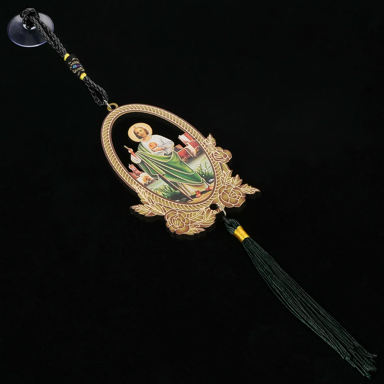 2 piezas de dijes de madera con la imagen de San Judas Tadeo, santo protector católico, y un colgante con forma de corazón de Jesús, con flecos y borlas, para colgar en el coche, como adorno y accesorio de joyería.