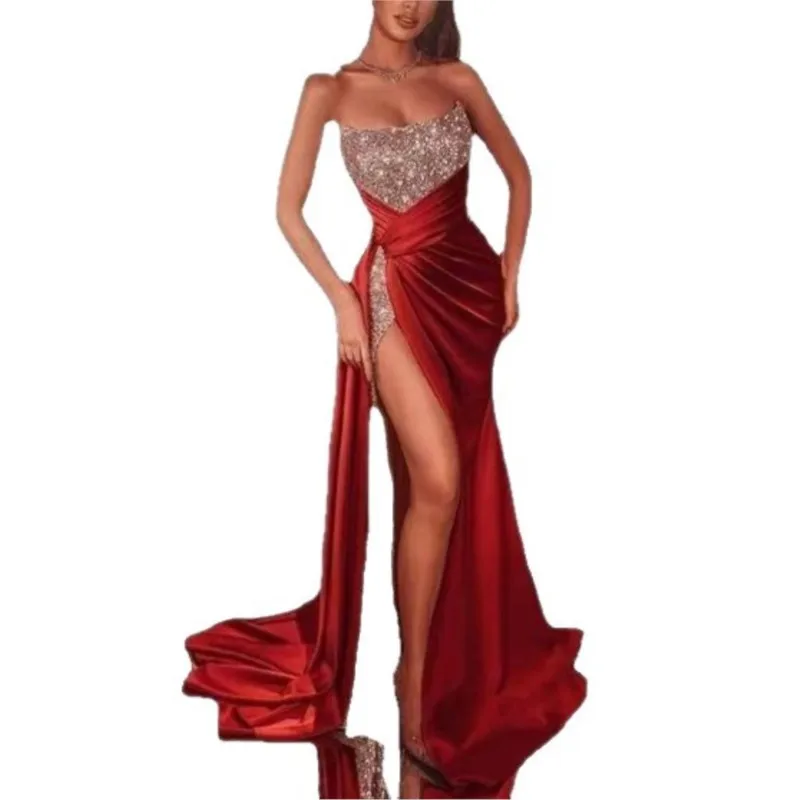 Elegancka sukienka na imprezę z cekinami, seksowna sukienka bez ramiączek z odkrytymi ramionami, bez rękawów, patchworkowa, z wysokim rozcięciem, sukienka ślubna, wieczorowa, vestidos