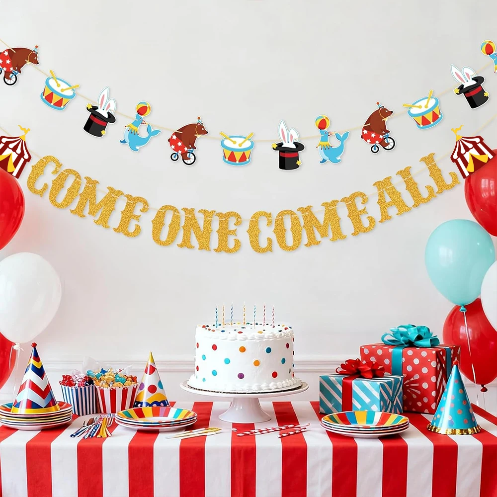 Party Banner Gold - ゴールドの「Come One Come All」サーカスバナー、カーニバルペーパーガーランド、誕生日、ビッグトップテーマ、屋内/屋外パーティー装飾用品