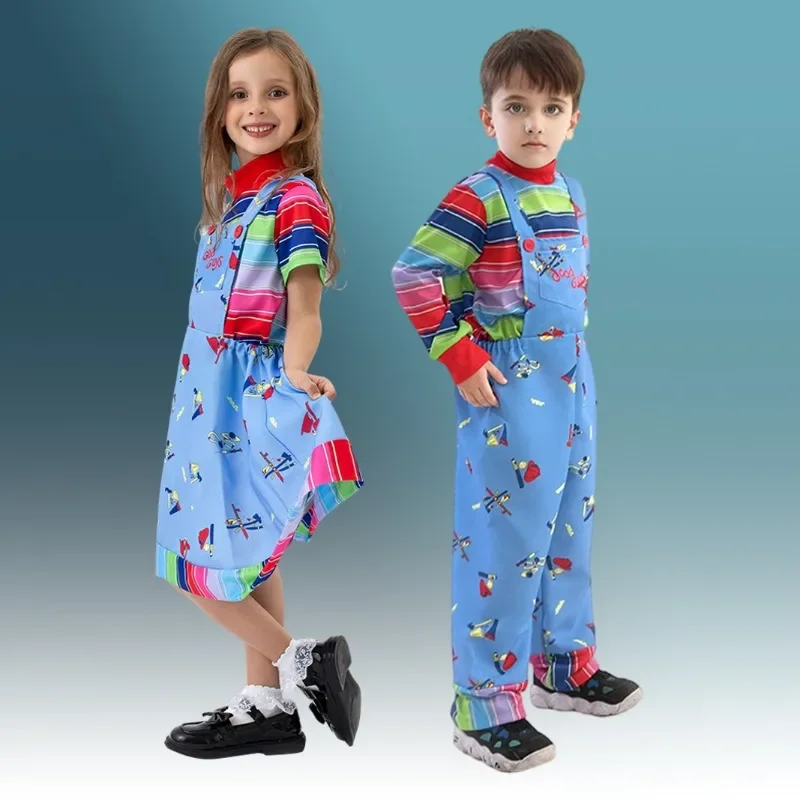Bambini Chucky Cosplay Costume spaventoso fantasma bambola Set completo coltello di plastica Halloween costumi Horror Nightmare per ragazza Festival Dress